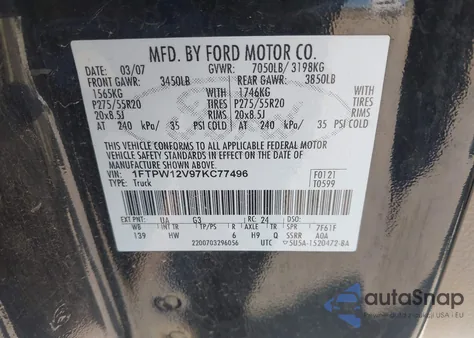 2007 Ford F-150 Lariat/Xlt из США, поврежденный, VIN 1FTPW12V97KC77496